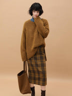 Vintage High Waist Patchwork Plaid Straight H Line Work City Midi Skirts