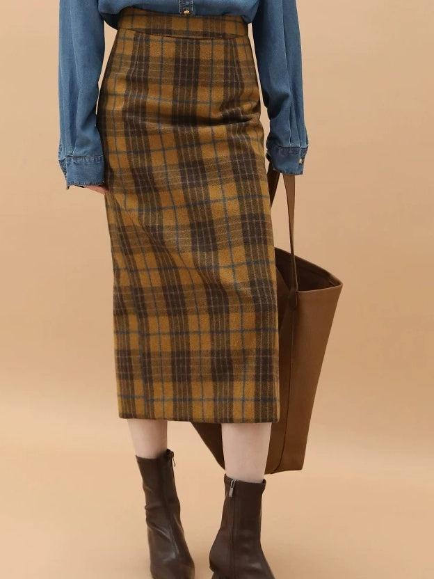 Vintage High Waist Patchwork Plaid Straight H Line Work City Midi Skirts