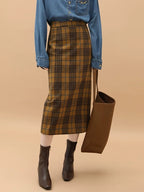 Vintage High Waist Patchwork Plaid Straight H Line Work City Midi Skirts