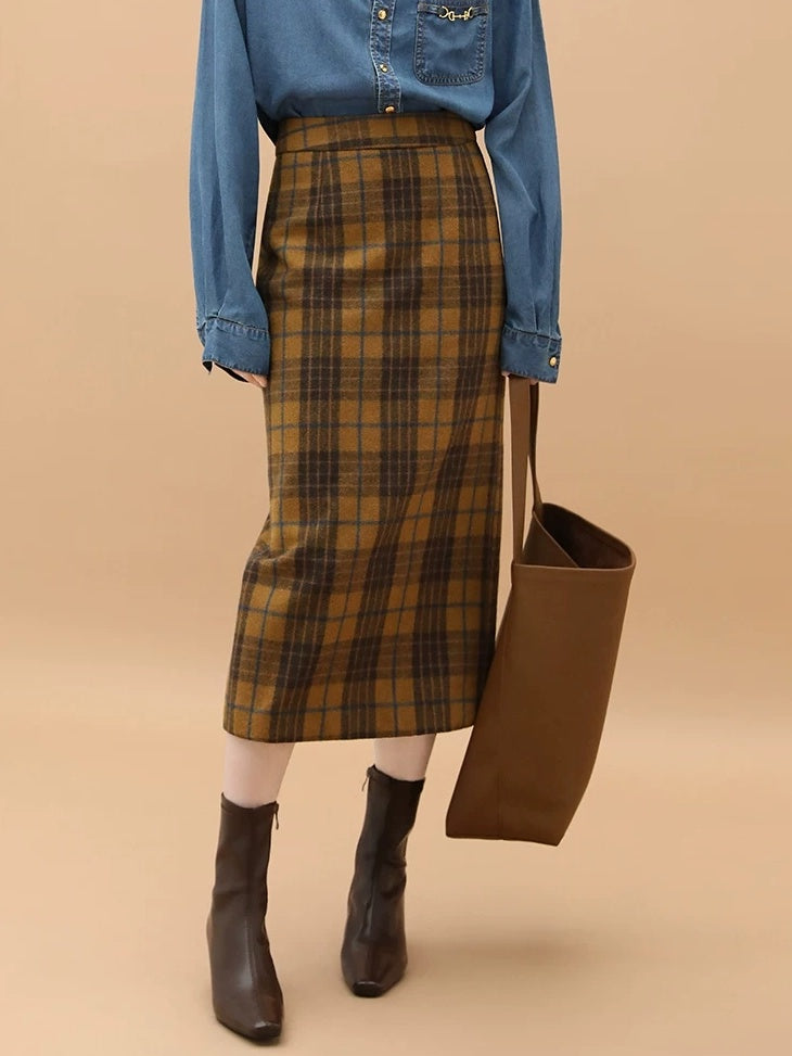 Vintage High Waist Patchwork Plaid Straight H Line Work City Midi Skirts