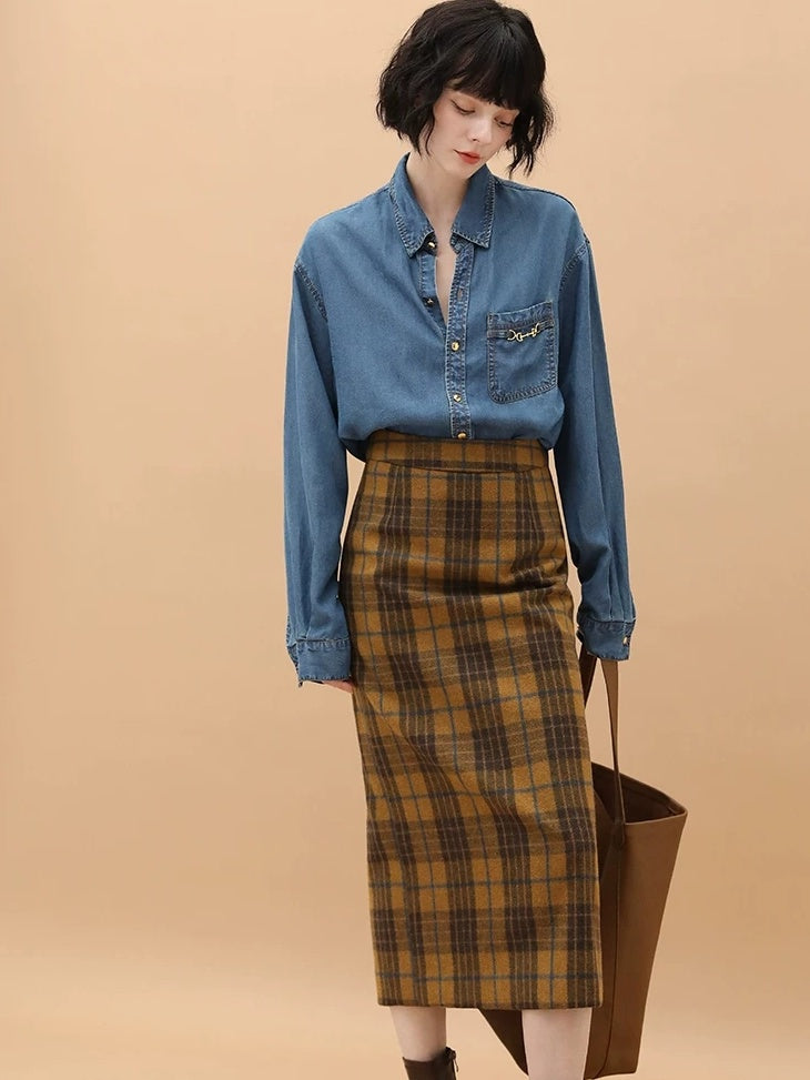 Vintage High Waist Patchwork Plaid Straight H Line Work City Midi Skirts