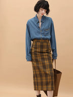 Vintage High Waist Patchwork Plaid Straight H Line Work City Midi Skirts