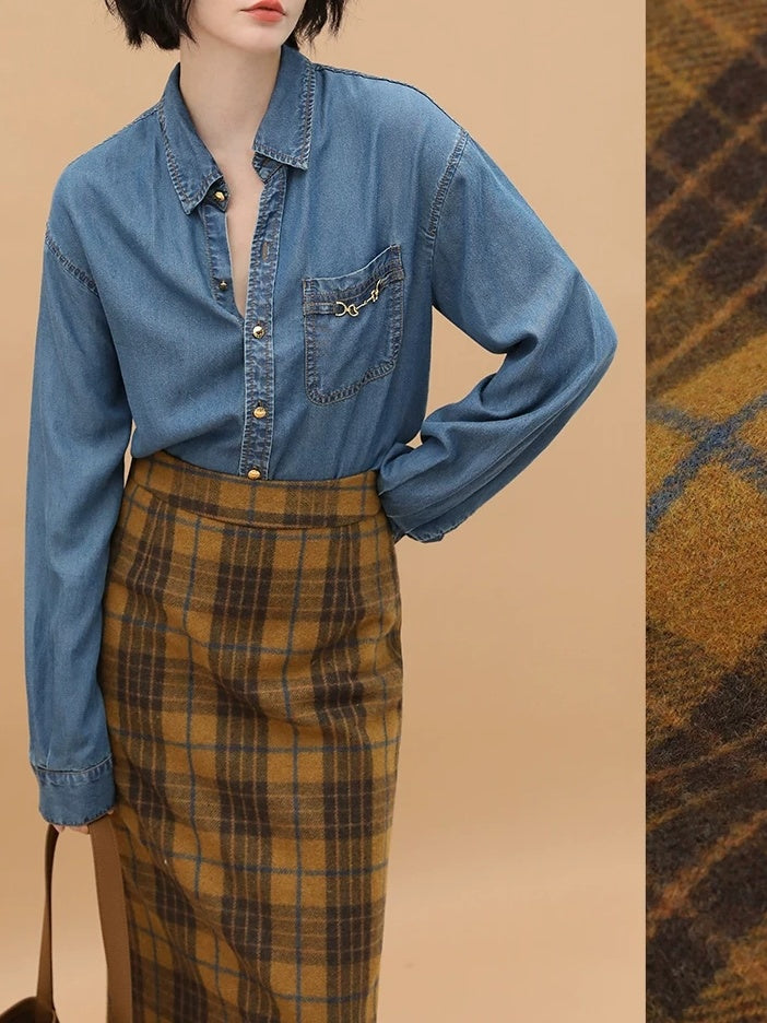 Vintage High Waist Patchwork Plaid Straight H Line Work City Midi Skirts