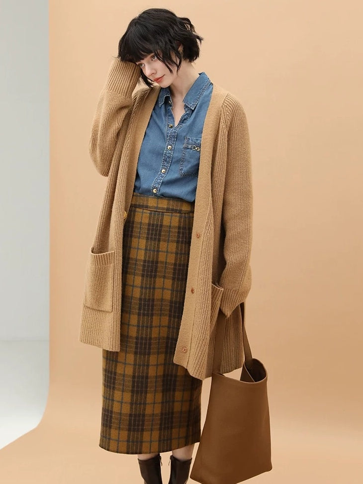 Vintage High Waist Patchwork Plaid Straight H Line Work City Midi Skirts