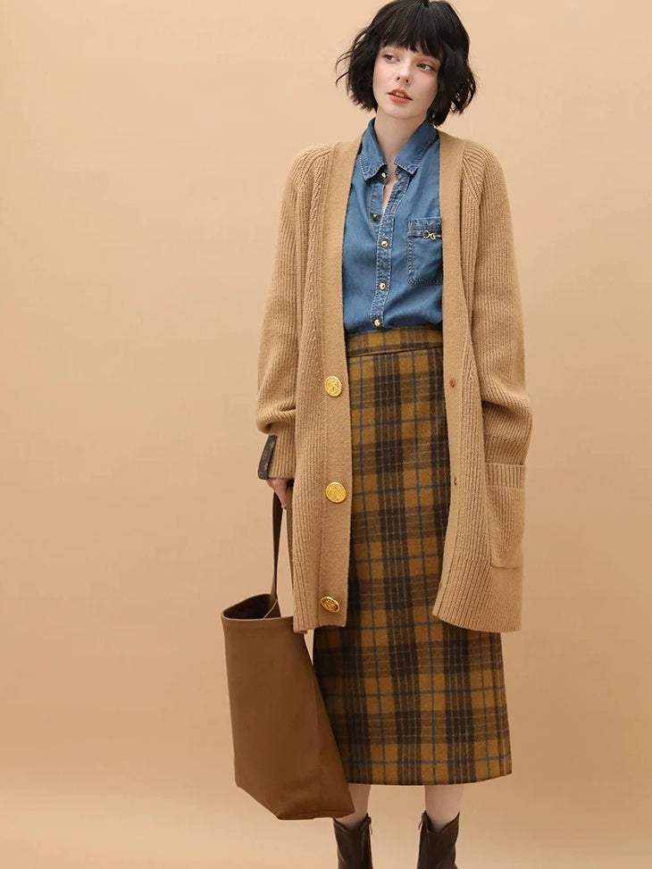 Vintage High Waist Patchwork Plaid Straight H Line Work City Midi Skirts
