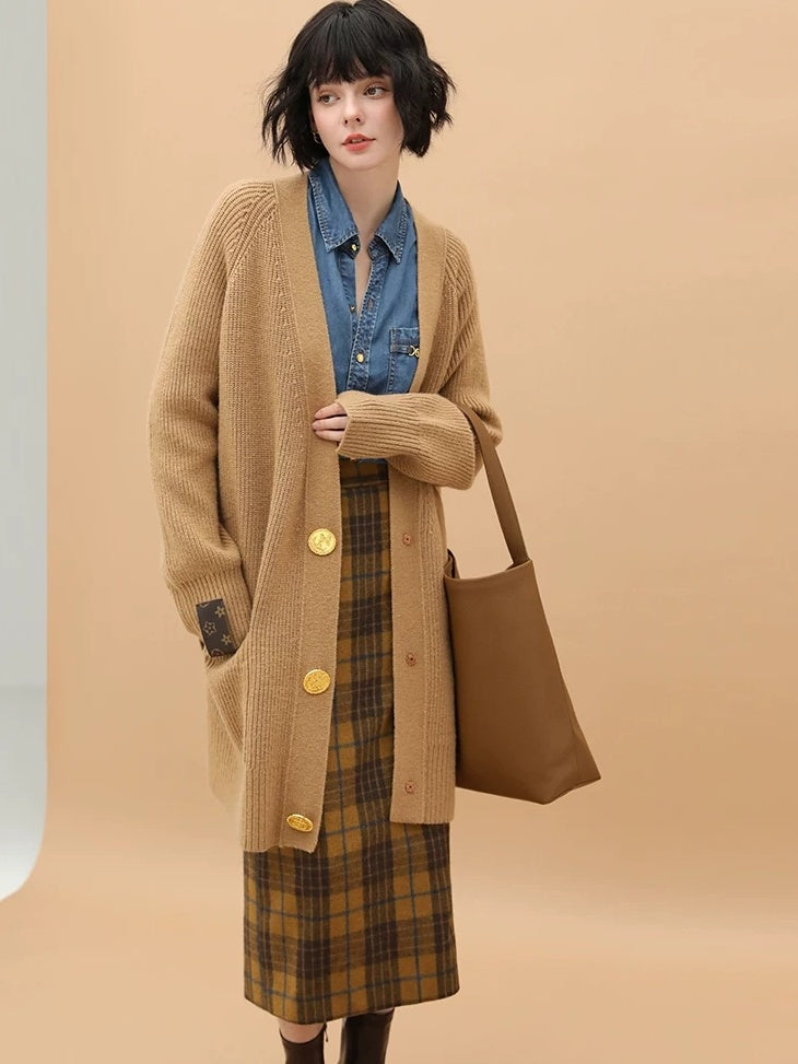 Vintage High Waist Patchwork Plaid Straight H Line Work City Midi Skirts