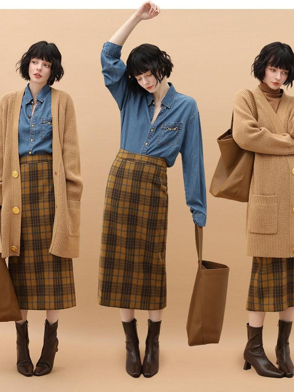 Vintage High Waist Patchwork Plaid Straight H Line Work City Midi Skirts