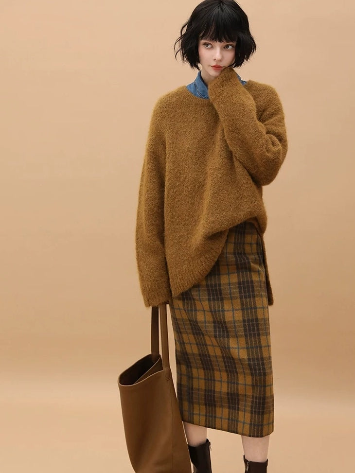 Vintage High Waist Patchwork Plaid Straight H Line Work City Midi Skirts