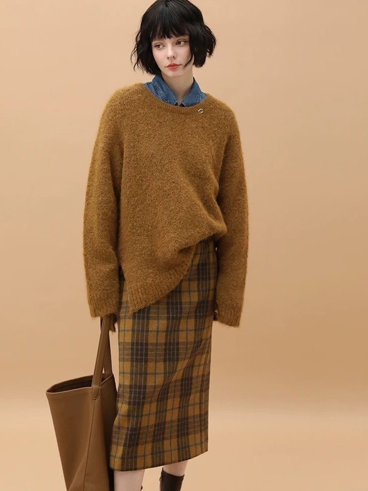 Vintage High Waist Patchwork Plaid Straight H Line Work City Midi Skirts