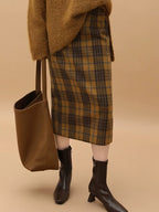 Vintage High Waist Patchwork Plaid Straight H Line Work City Midi Skirts