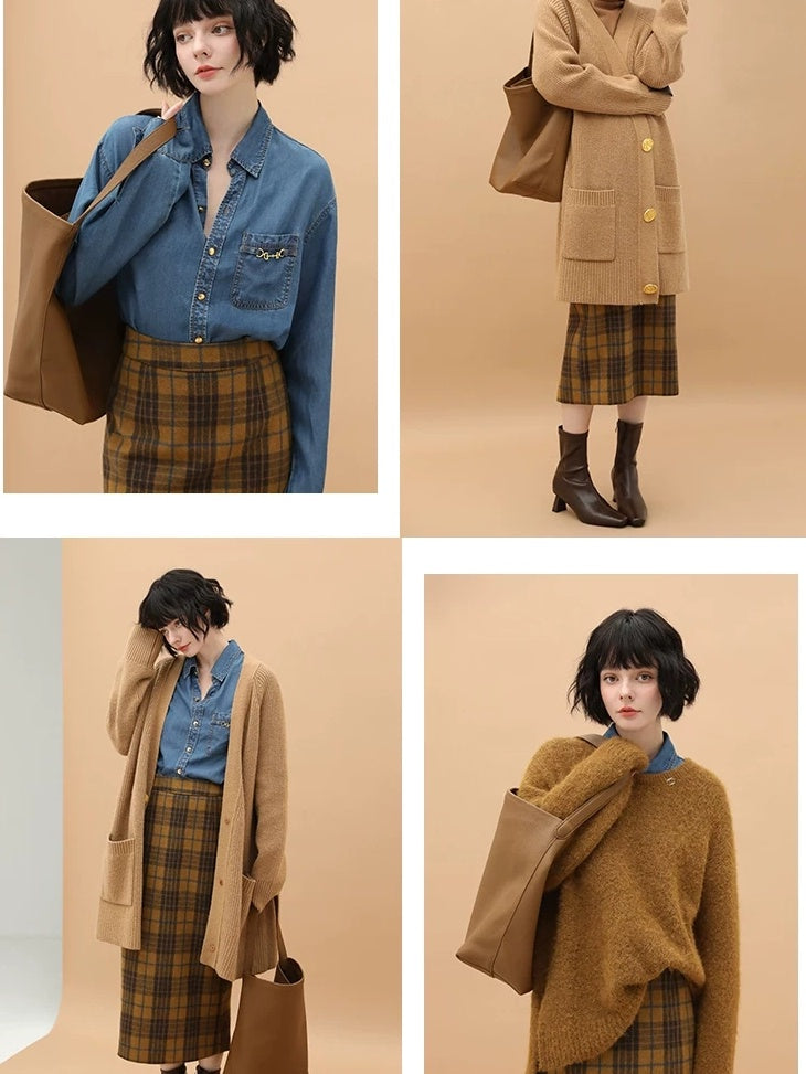 Vintage High Waist Patchwork Plaid Straight H Line Work City Midi Skirts