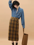 Vintage High Waist Patchwork Plaid Straight H Line Work City Midi Skirts