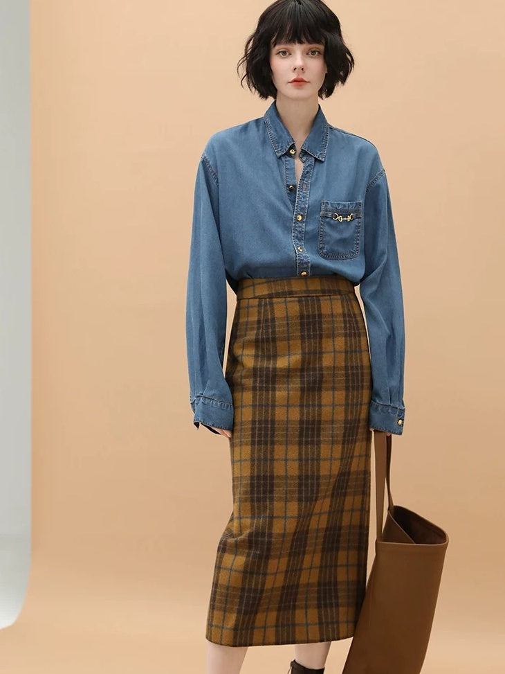 Vintage High Waist Patchwork Plaid Straight H Line Work City Midi Skirts