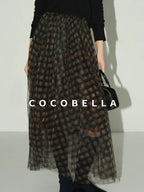 COCOBELLA Vintage Pleated Mesh A Line Mid Waist Printed Maxi Women Travel Date Skirts