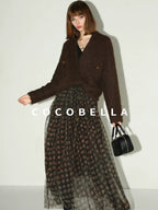 COCOBELLA Vintage Pleated Mesh A Line Mid Waist Printed Maxi Women Travel Date Skirts