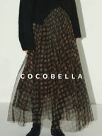 COCOBELLA Vintage Pleated Mesh A Line Mid Waist Printed Maxi Women Travel Date Skirts