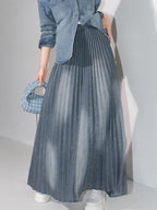 COCOBELLA Vintage Washed Denim Maxi Pleated Aline Mid Waist Cotton Blend Women Skirts