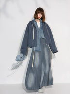 COCOBELLA Vintage Washed Denim Maxi Pleated Aline Mid Waist Cotton Blend Women Skirts
