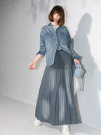 COCOBELLA Vintage Washed Denim Maxi Pleated Aline Mid Waist Cotton Blend Women Skirts
