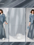 COCOBELLA Vintage Washed Denim Maxi Pleated Aline Mid Waist Cotton Blend Women Skirts