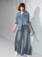 COCOBELLA Vintage Washed Denim Maxi Pleated Aline Mid Waist Cotton Blend Women Skirts