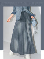 COCOBELLA Vintage Washed Denim Maxi Pleated Aline Mid Waist Cotton Blend Women Skirts