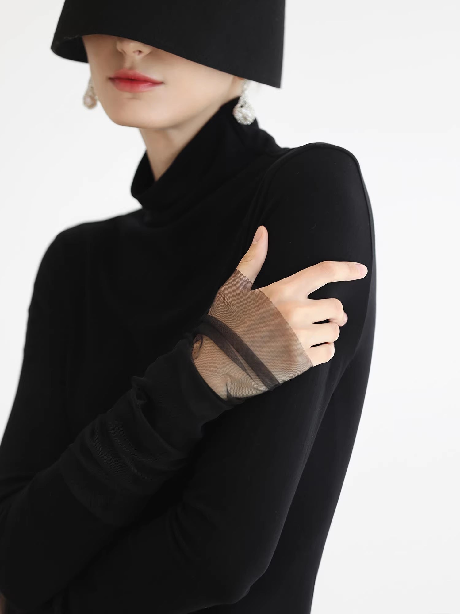 COCOBELLA_Viscose_Blend_Minimal_Slim_Fit_High_Neck_Mesh_Long_Sleeve_Women_T-Shirts_MISSTT