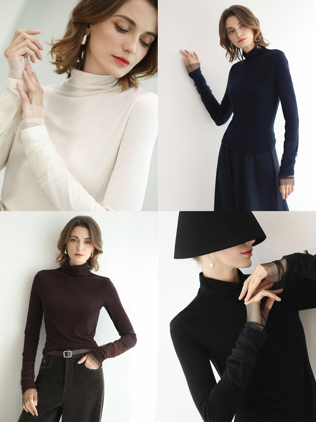 COCOBELLA Viscose Blend Minimal Slim Fit High Neck Mesh Long Sleeve Women T-Shirts