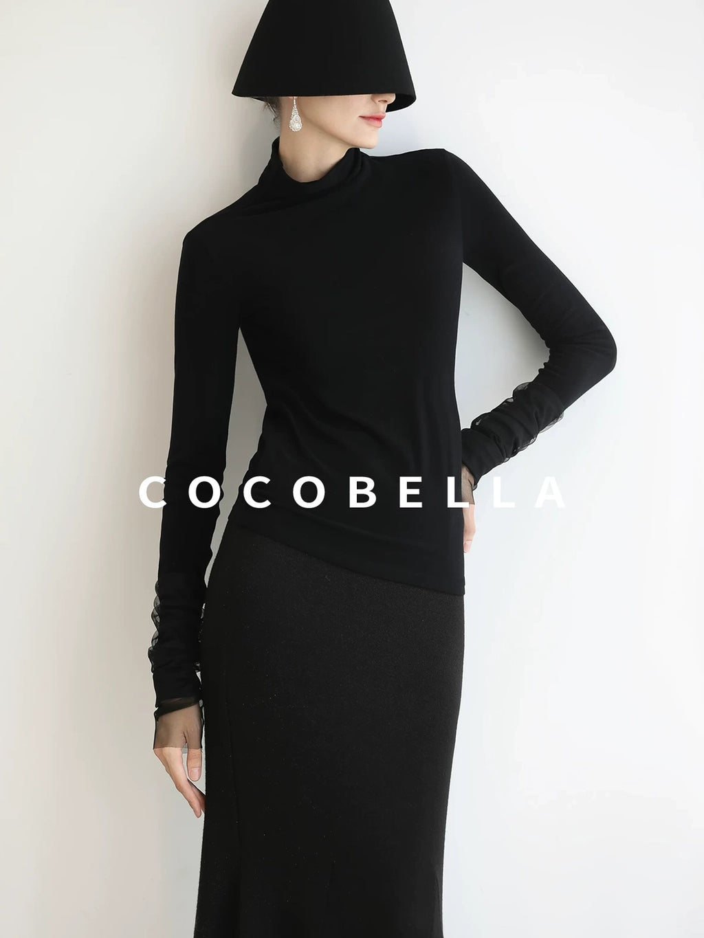 COCOBELLA Viscose Blend Minimal Slim Fit High Neck Mesh Long Sleeve Women T-Shirts