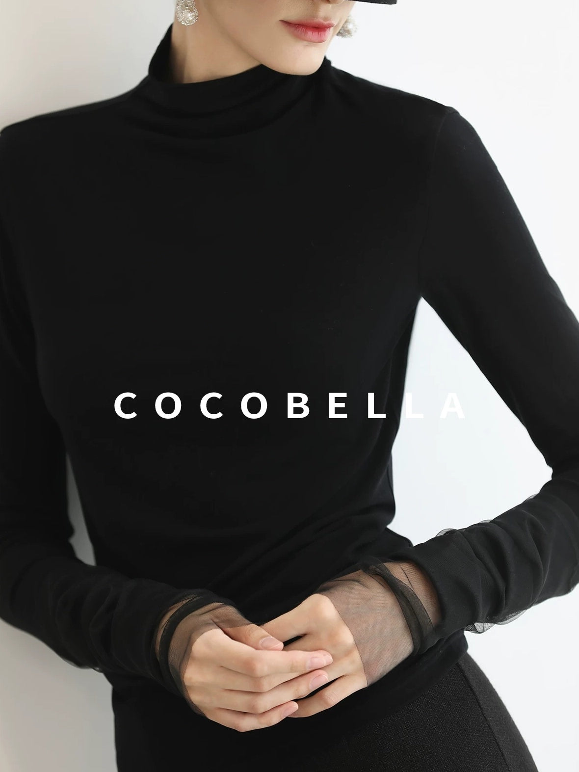 COCOBELLA Viscose Blend Minimal Slim Fit High Neck Mesh Long Sleeve Women T-Shirts