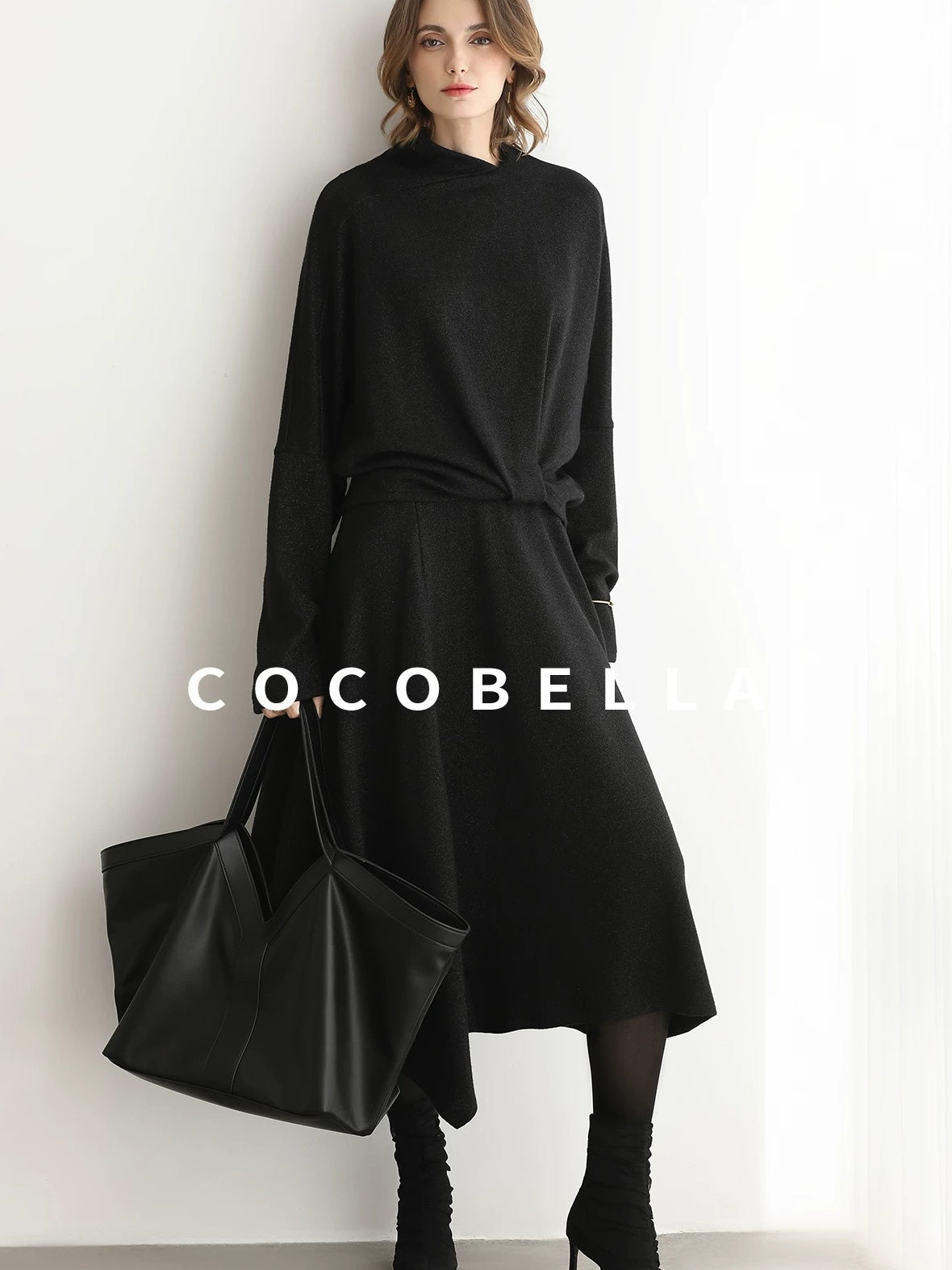 COCOBELLA Viscose Blend Patchwork Elegant Loose Fit Stand Collar Women Knit Sweater