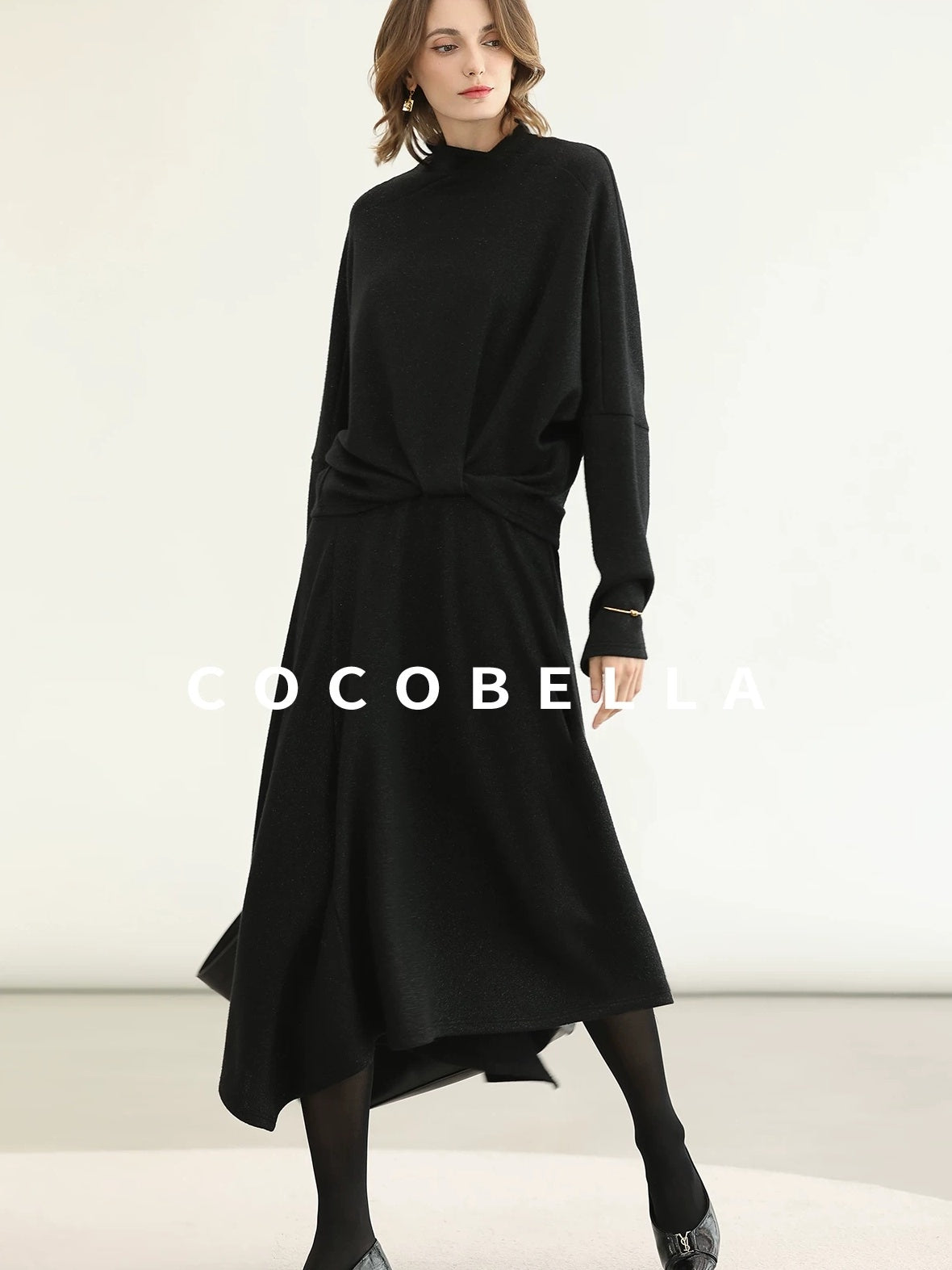 COCOBELLA Viscose Blend Patchwork Elegant Loose Fit Stand Collar Women Knit Sweater
