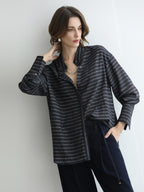 COCOBELLA Viscose Blend Stand Collar Loose Fit Navy Stripe Button Women Commuter Shirts