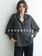 COCOBELLA Viscose Blend Stand Collar Loose Fit Navy Stripe Button Women Commuter Shirts