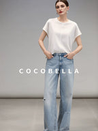 COCOBELLA Viscose Cotton Straight Fit Seamed Office Short Sleeve Crew White T-Shirts