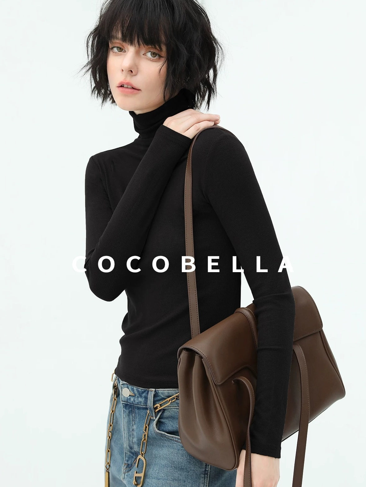 COCOBELLA Viscose Stretch Slim High Neck Long Sleeve Women Office Basic Tee Black Shirts