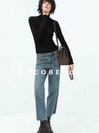 COCOBELLA Viscose Stretch Slim High Neck Long Sleeve Women Office Basic Tee Black Shirts