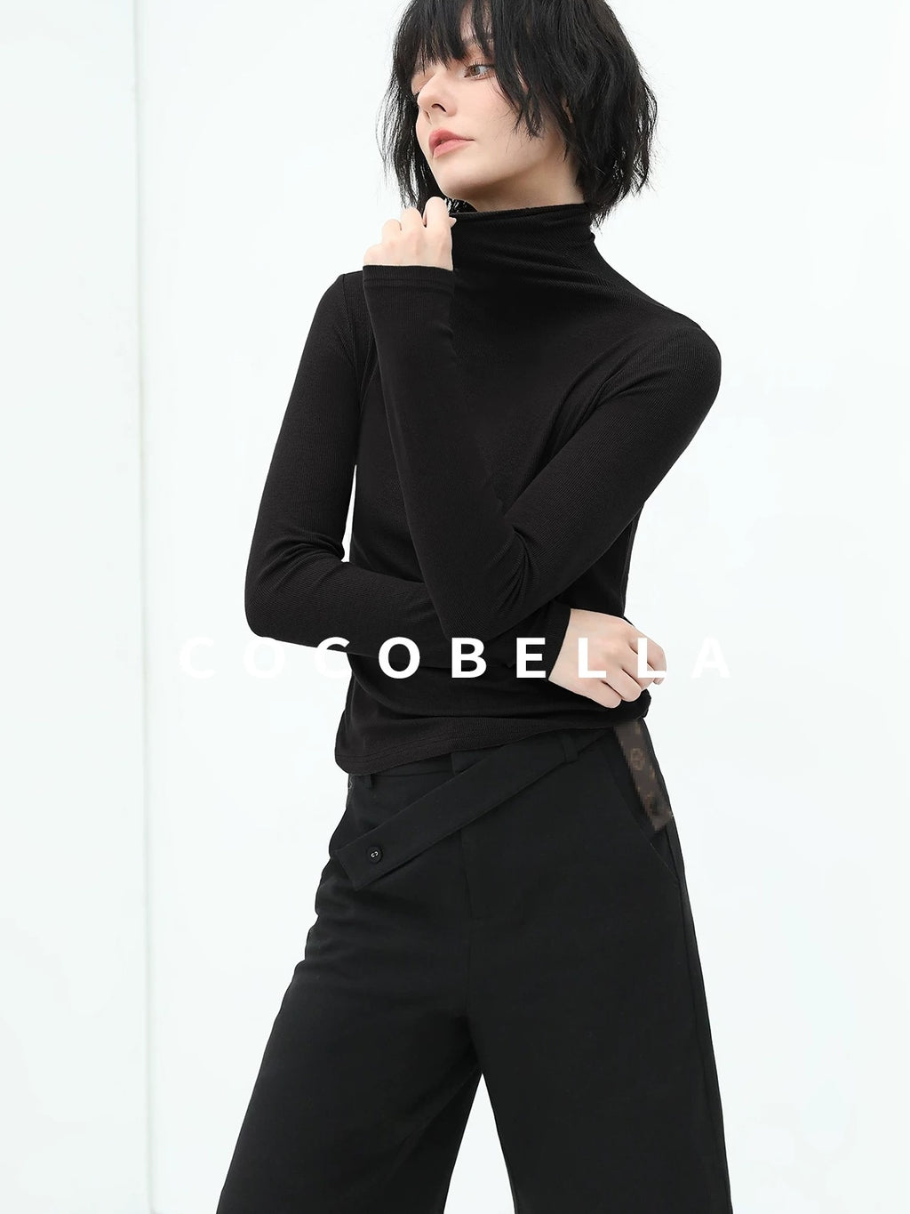 COCOBELLA Viscose Stretch Slim High Neck Long Sleeve Women Office Basic Tee Black Shirts