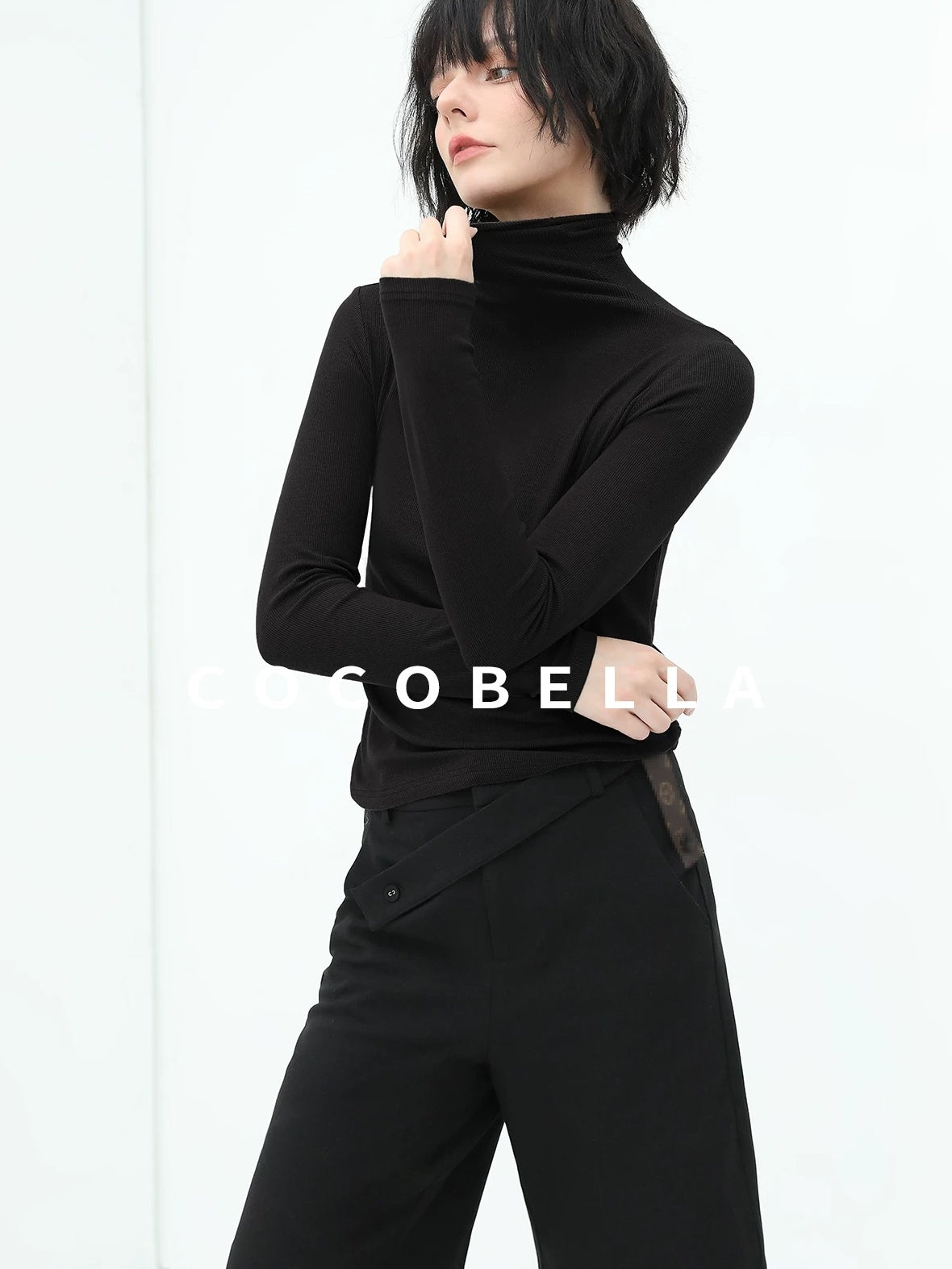 COCOBELLA Viscose Stretch Slim High Neck Long Sleeve Women Office Basic Tee Black Shirts
