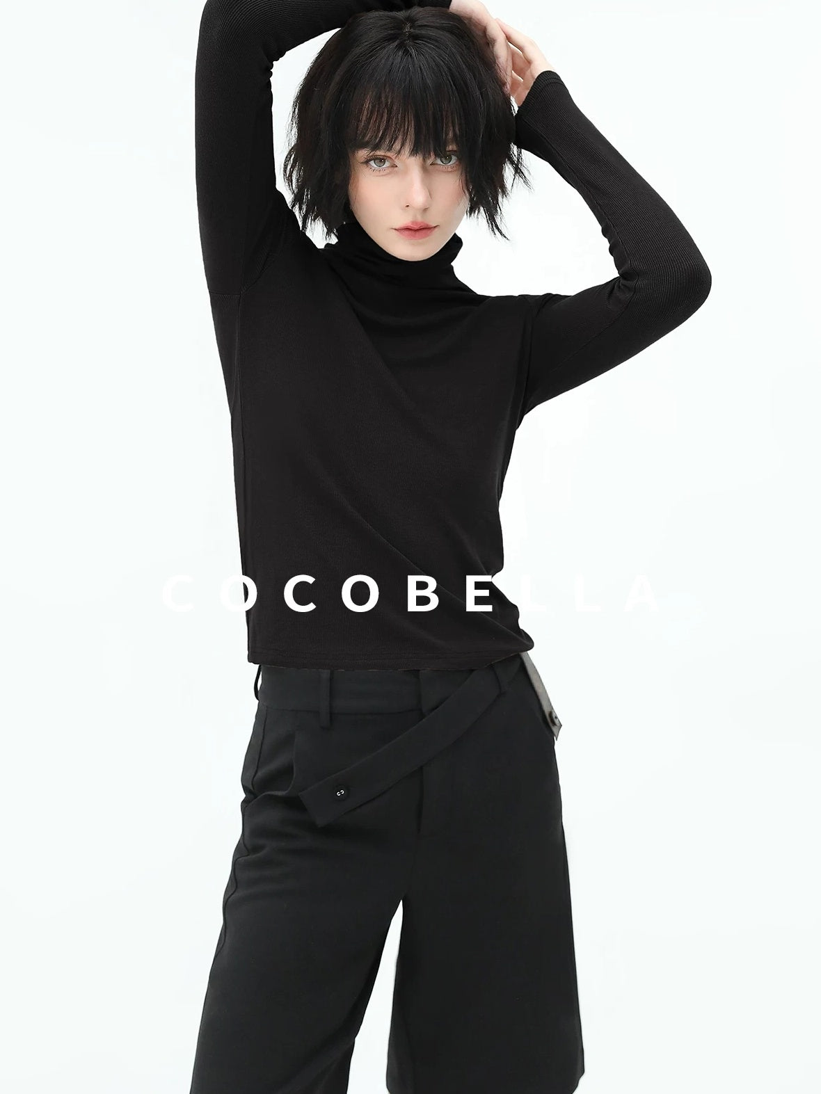 COCOBELLA Viscose Stretch Slim High Neck Long Sleeve Women Office Basic Tee Black Shirts