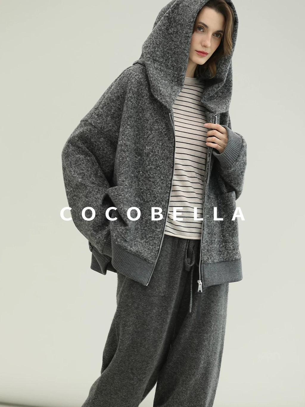 COCOBELLA Warm Brushed Fleece Commuter Relaxed Fit Zip Up Hood Ribbed Hem Women Hoodies