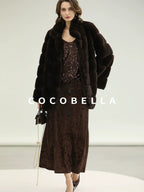 COCOBELLA Warm Faux Fur Fringe Straight V Neck Lady Commuter Coffee Brown Jackets