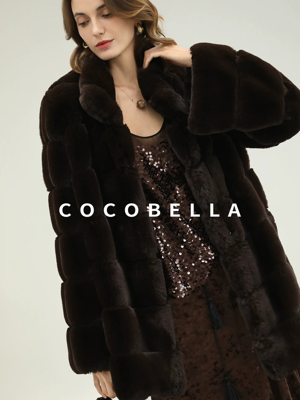 COCOBELLA Warm Faux Fur Fringe Straight V Neck Lady Commuter Coffee Brown Jackets