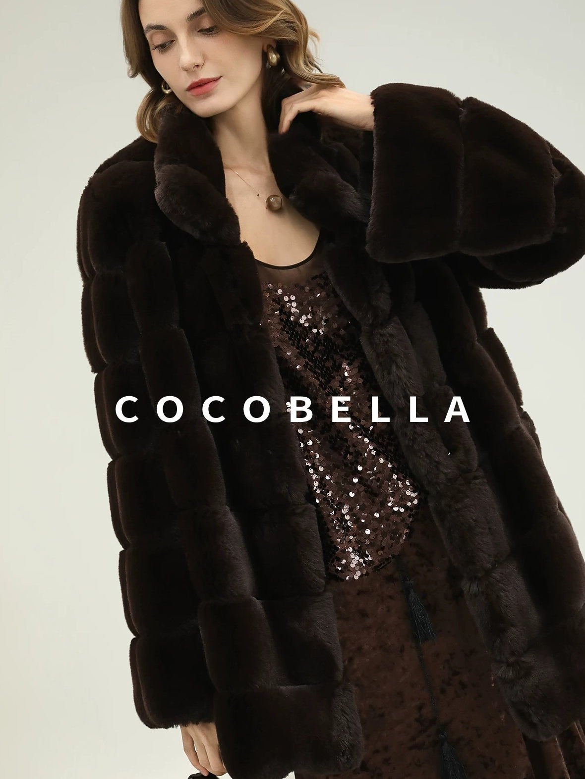 COCOBELLA Warm Faux Fur Fringe Straight V Neck Lady Commuter Coffee Brown Jackets