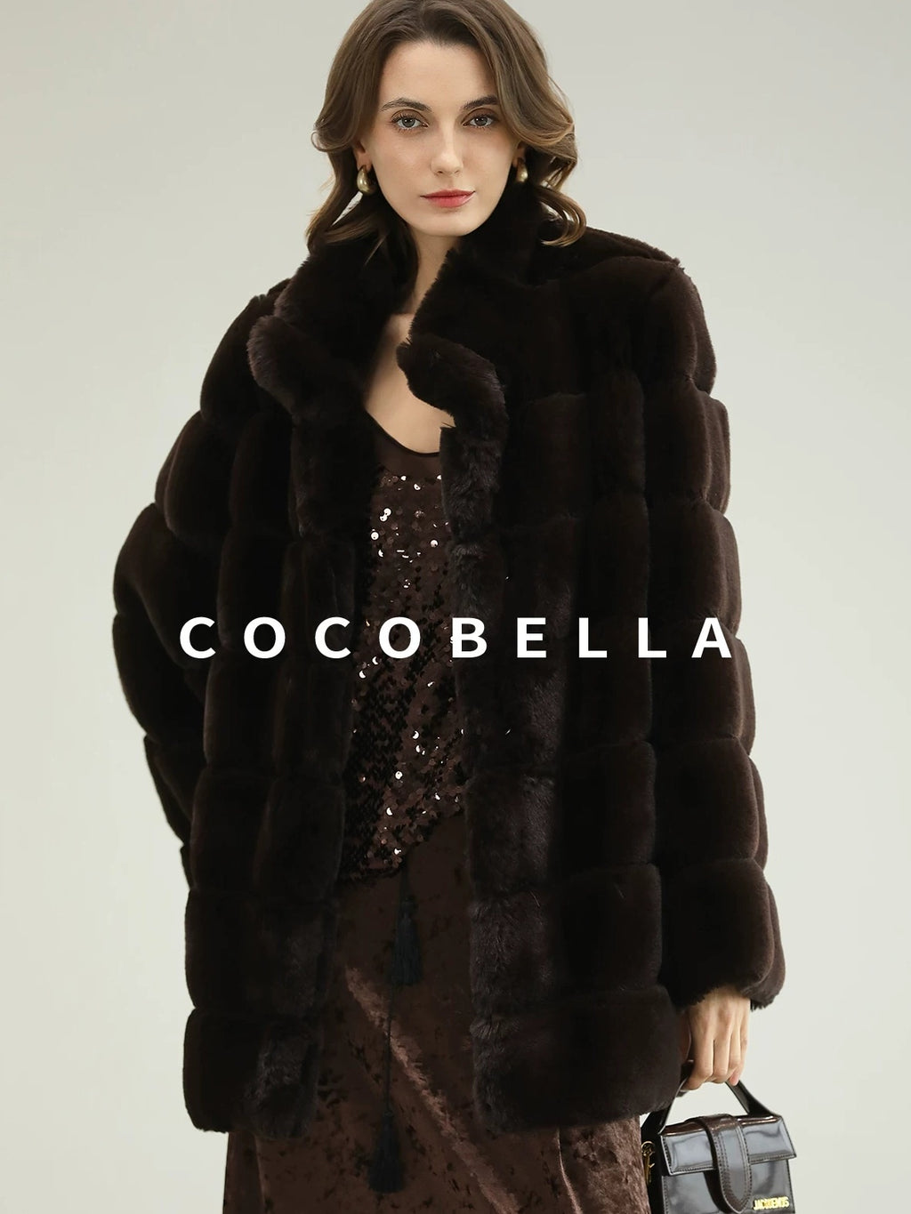 COCOBELLA Warm Faux Fur Fringe Straight V Neck Lady Commuter Coffee Brown Jackets