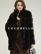 COCOBELLA Warm Faux Fur Fringe Straight V Neck Lady Commuter Coffee Brown Jackets