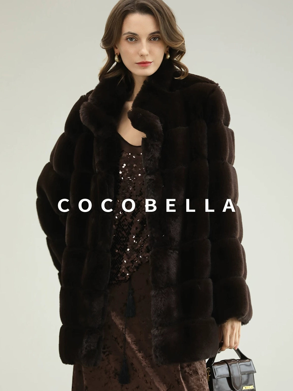 COCOBELLA Warm Faux Fur Fringe Straight V Neck Lady Commuter Coffee Brown Jackets