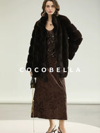 COCOBELLA Warm Faux Fur Fringe Straight V Neck Lady Commuter Coffee Brown Jackets