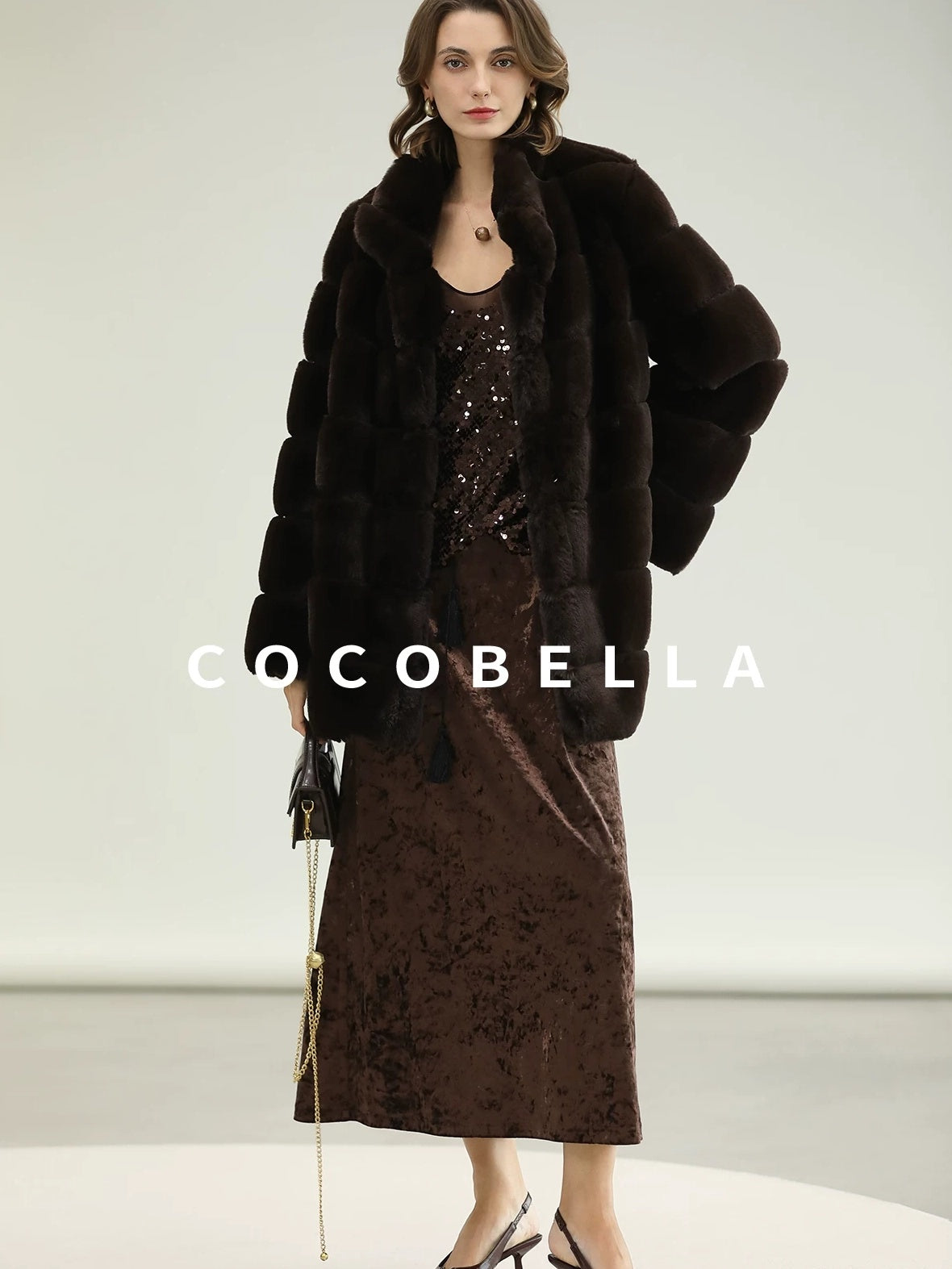 COCOBELLA Warm Faux Fur Fringe Straight V Neck Lady Commuter Coffee Brown Jackets