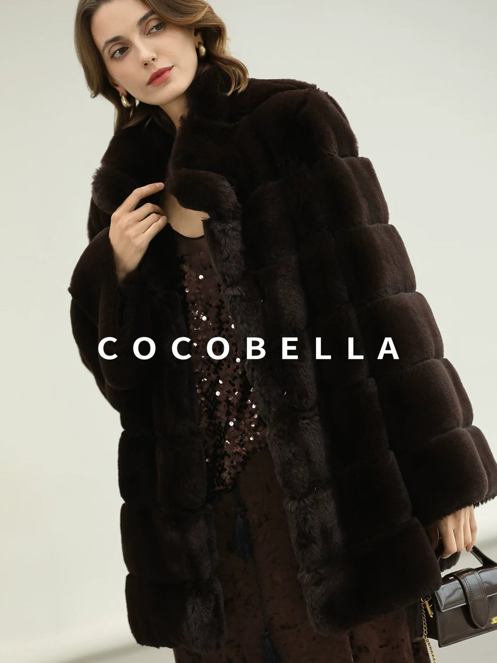 COCOBELLA Warm Faux Fur Fringe Straight V Neck Lady Commuter Coffee Brown Jackets